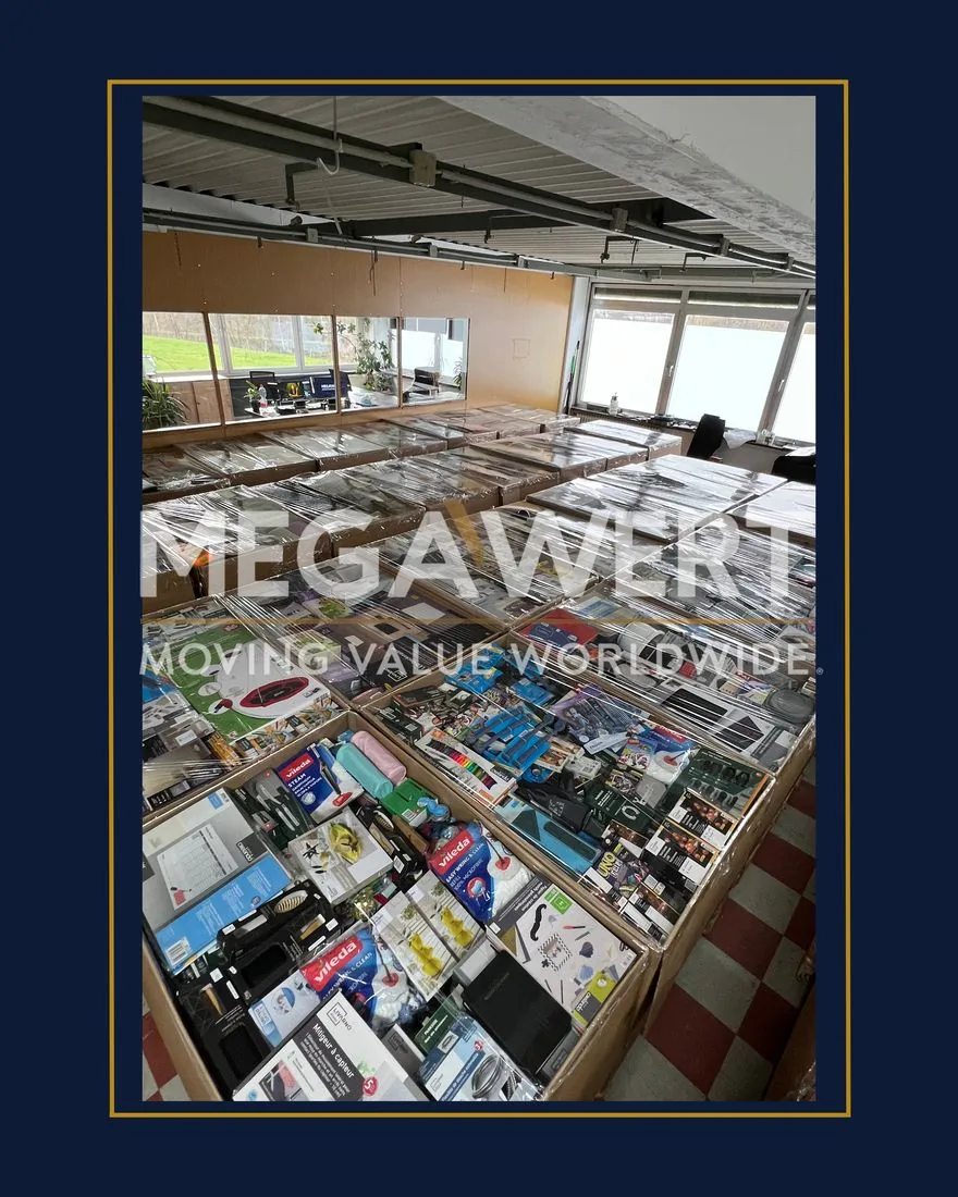 Pallets of sorted, packed European goods at the MEGA WERT warehouse in Germany